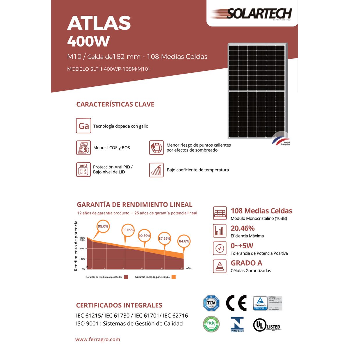 GENERICO - Panel Solar 400W marca Solartech