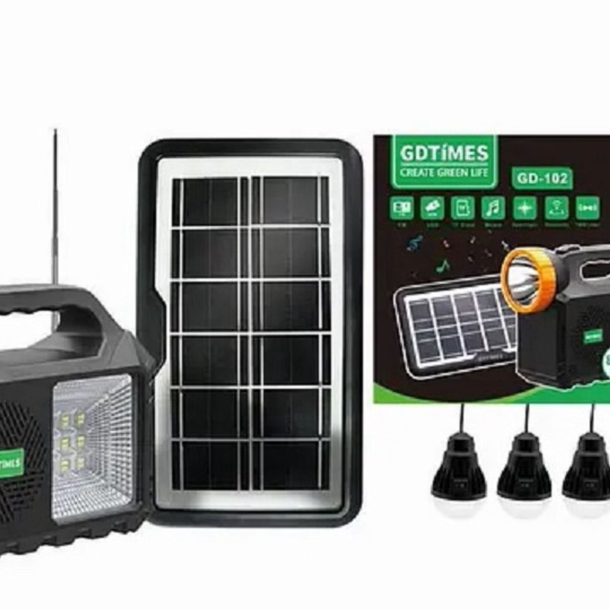 HOME - Kit Panel solar con Baterias y 3 Bombillos de 3w USB  FM