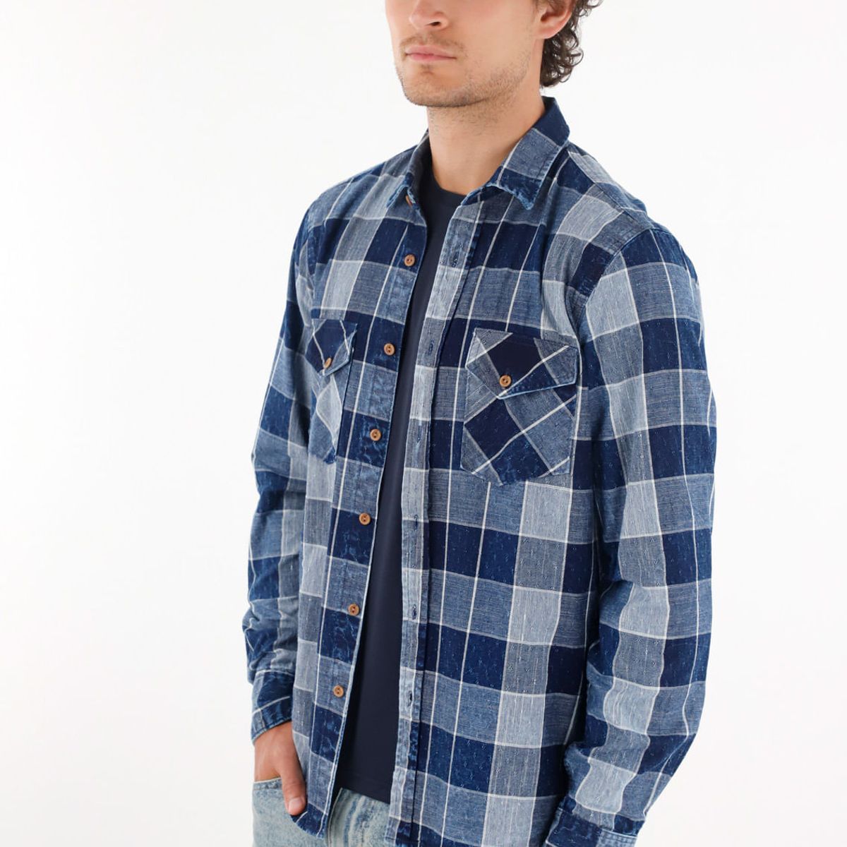 TENNIS - Camisa leñadora con bolsillos azul para hombre