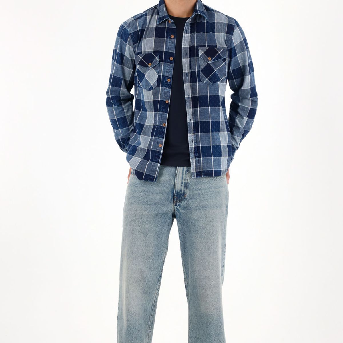 TENNIS - Camisa leñadora con bolsillos azul para hombre