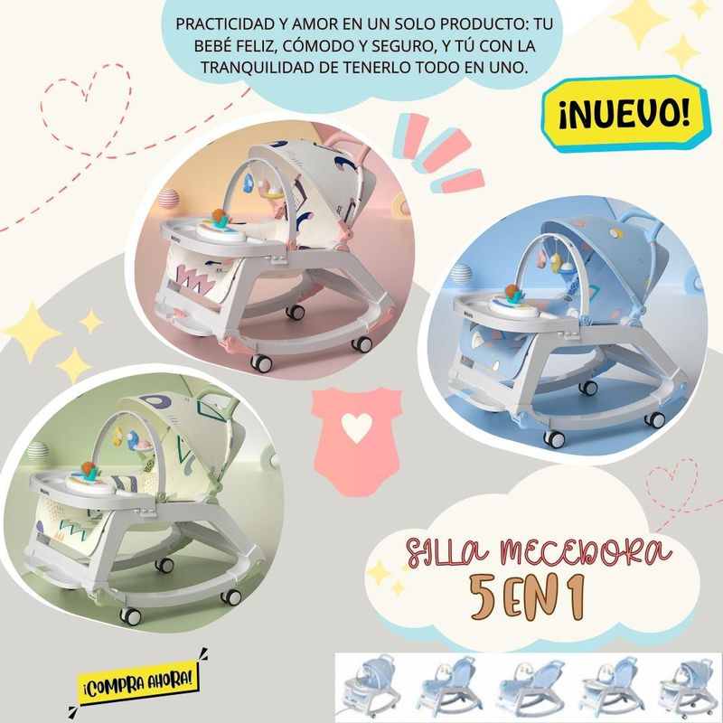 BEBESITOS - SILLA MECEDORA 5 EN 1 CON RUEDAS Y COMEDERO PARA BEBES