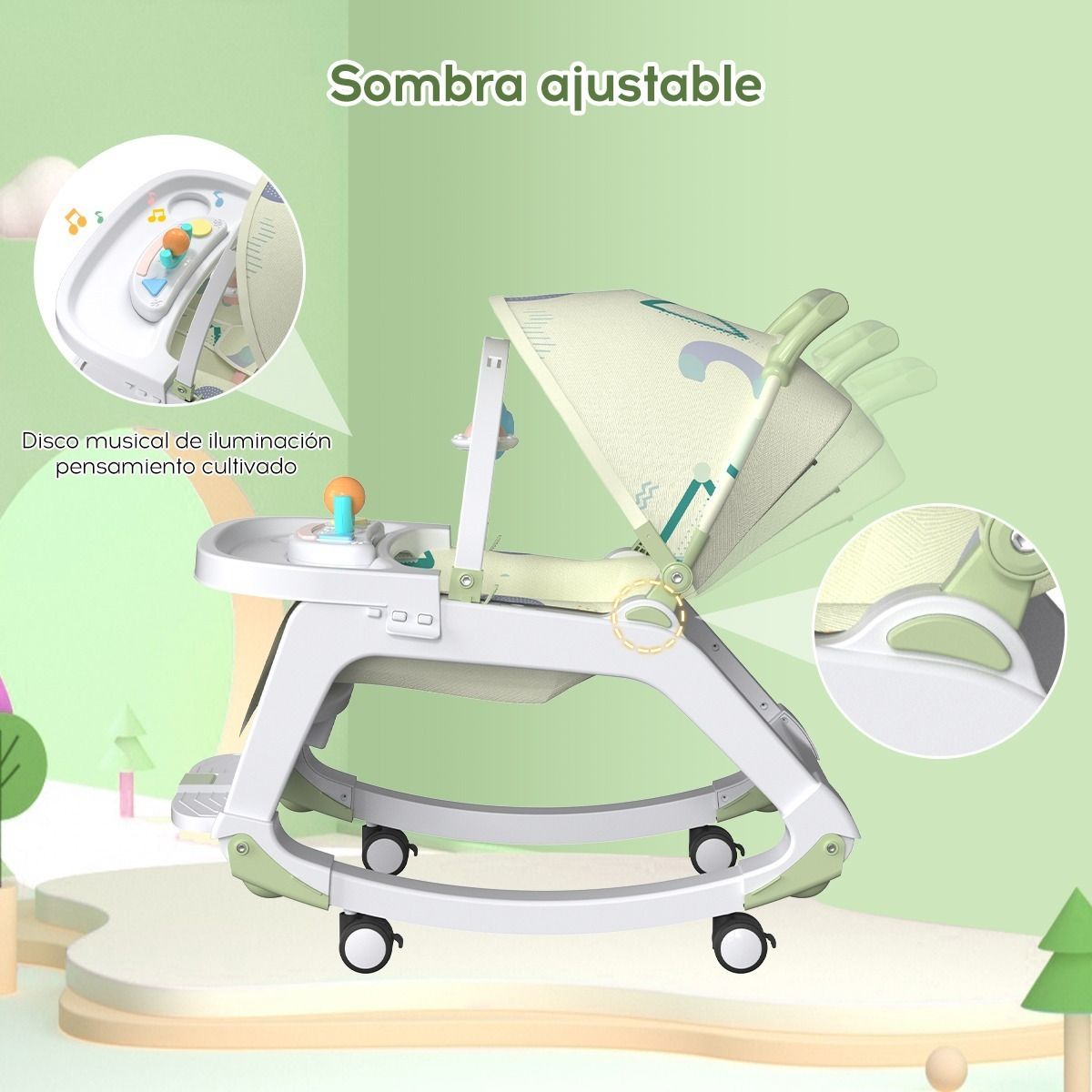 BEBESITOS - SILLA MECEDORA 5 EN 1 CON RUEDAS Y COMEDERO PARA BEBES