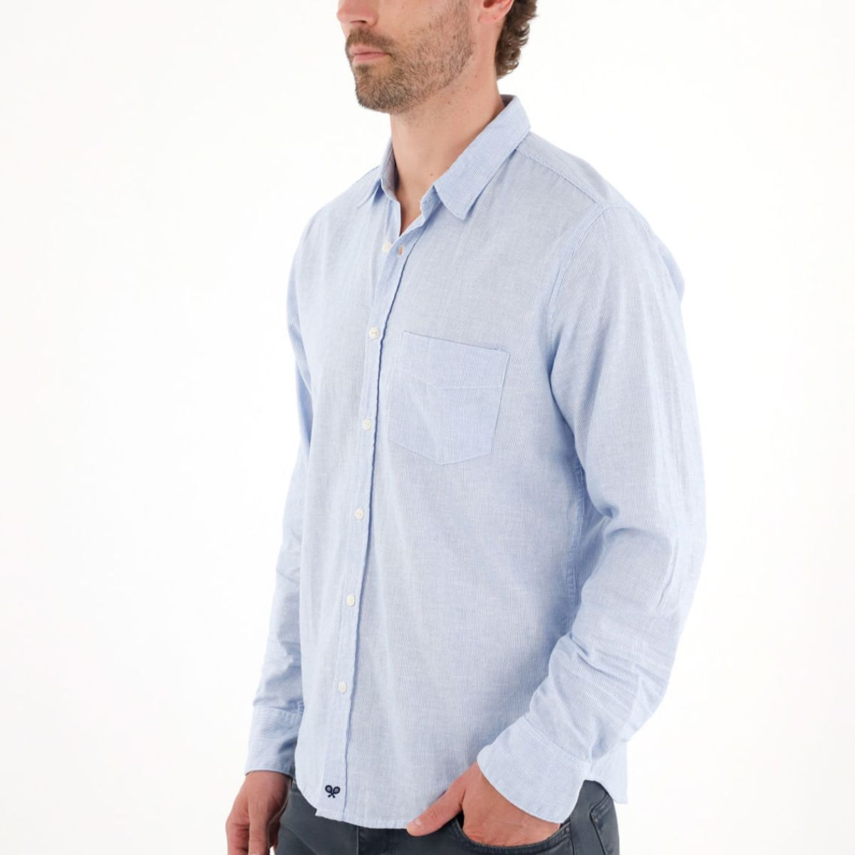 TENNIS - Camisa manga larga preteñida azul para hombre