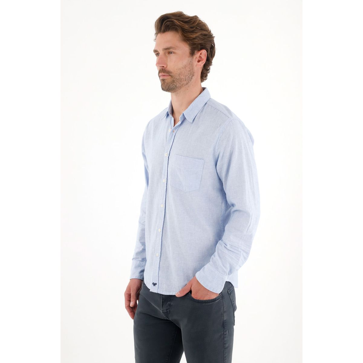 TENNIS - Camisa manga larga preteñida azul para hombre