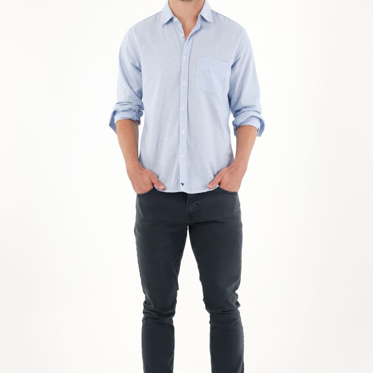 TENNIS - Camisa manga larga preteñida azul para hombre