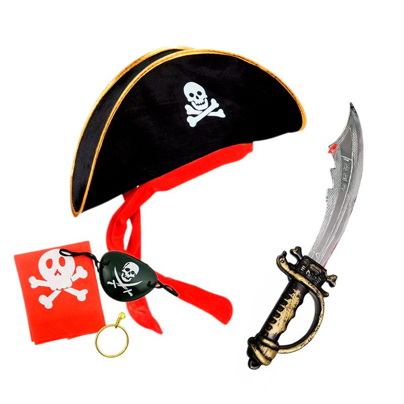 Glynisyz Juego de accesorios de pirata de Halloween, sombrero con diadema de pirata, parche en los ojos, accesorios de disfraz de gancho para fiesta de Halloween