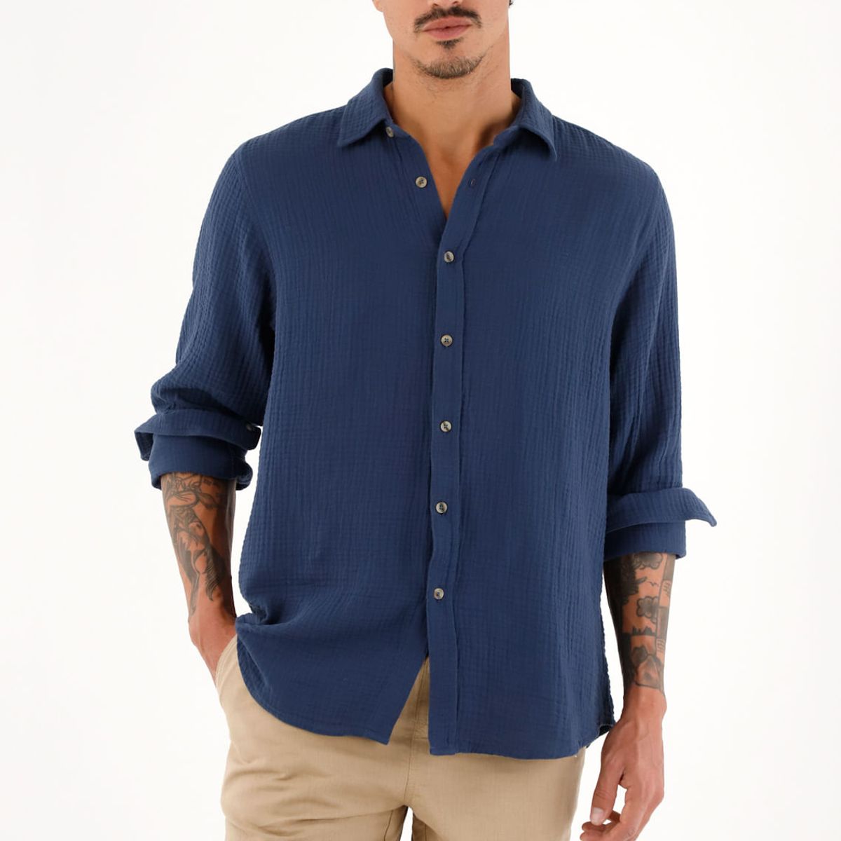 TENNIS - Camisa azul manga larga para hombre