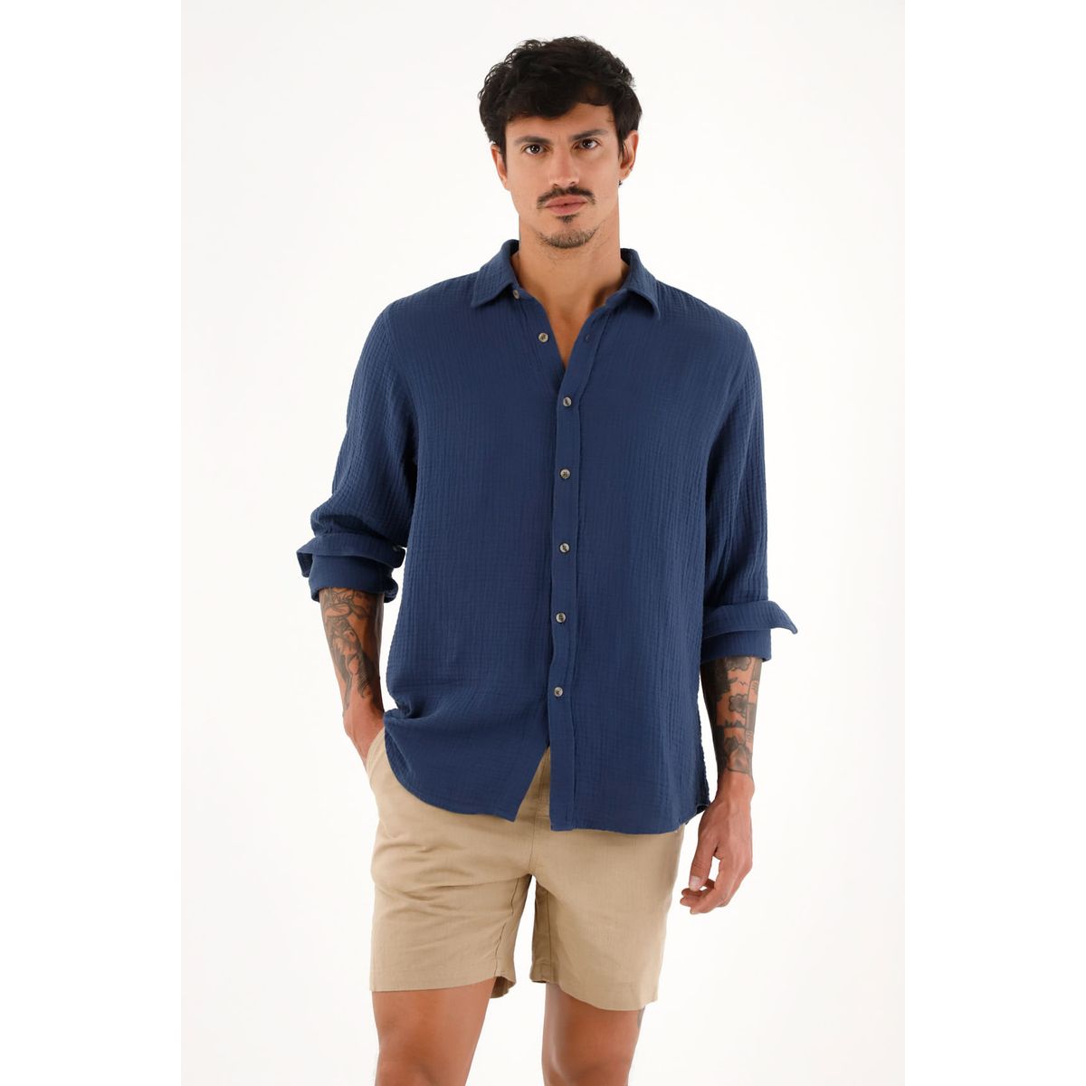 TENNIS - Camisa azul manga larga para hombre