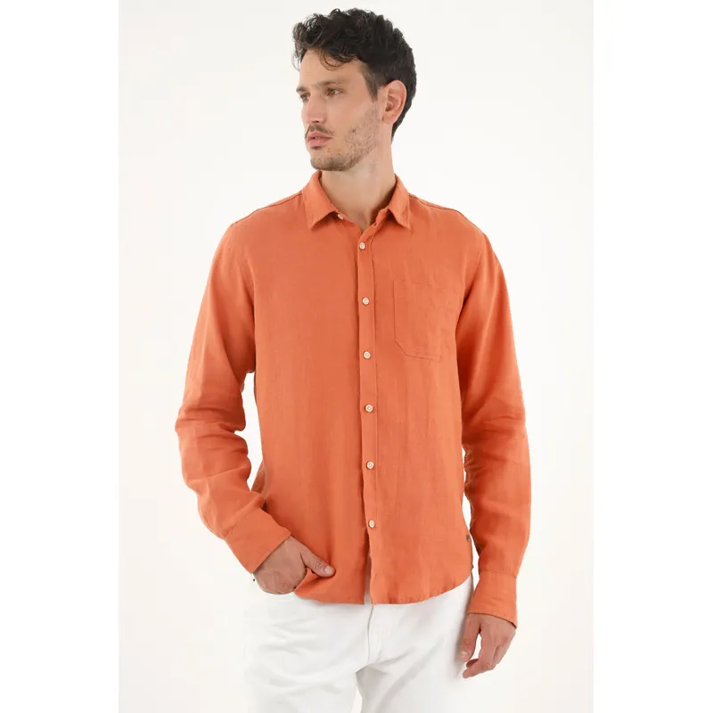 TENNIS - Camisa naranja en 100% lino para hombre
