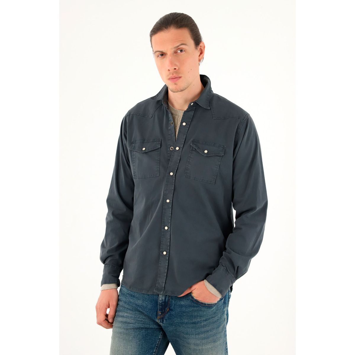 TENNIS - Camisa azul manga larga para hombre