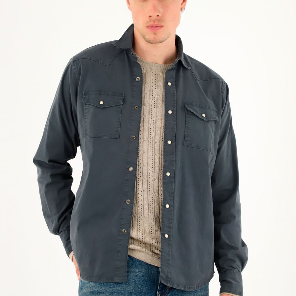 TENNIS - Camisa azul manga larga para hombre