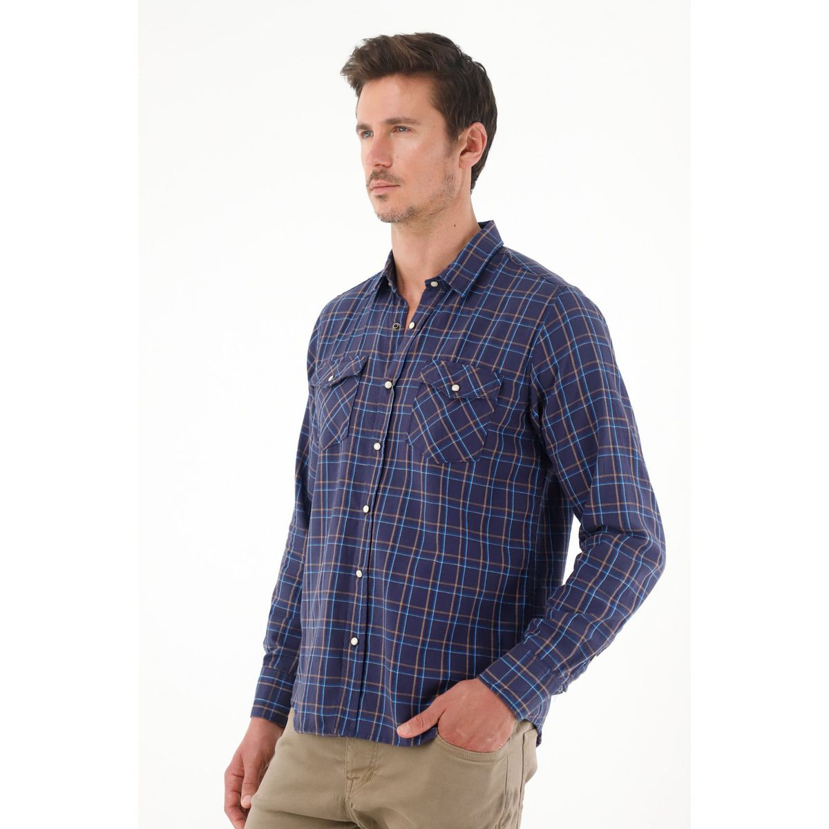 TENNIS - Camisa a cuadros cuello clásico azul para hombre