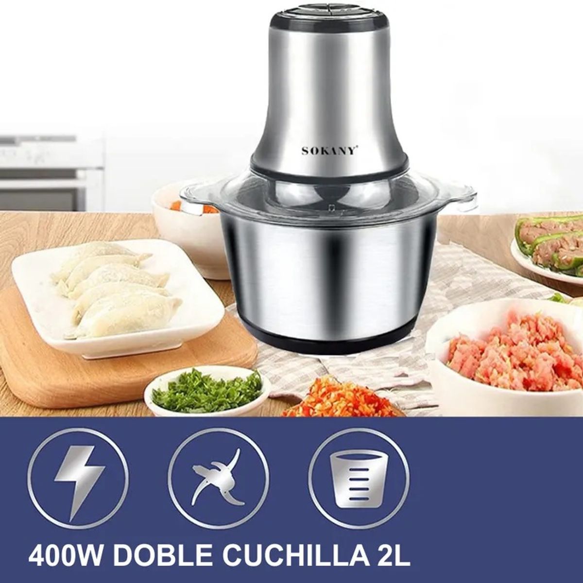 SOKANY - Picatodo Electrico Sokany 400w 2 Litros Doble Cuchilla Acero
