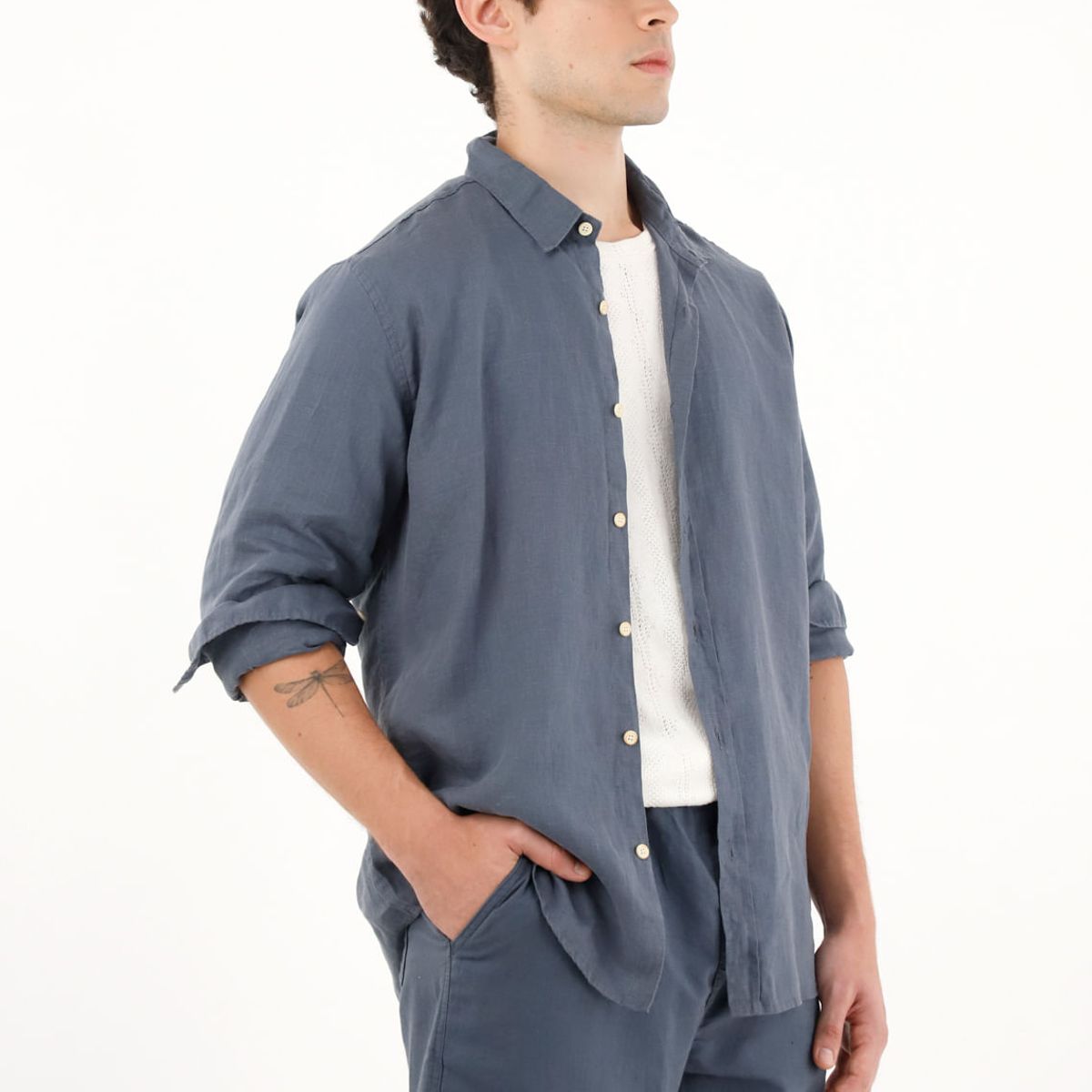 TENNIS - Camisa azul manga larga 100% lino para hombre