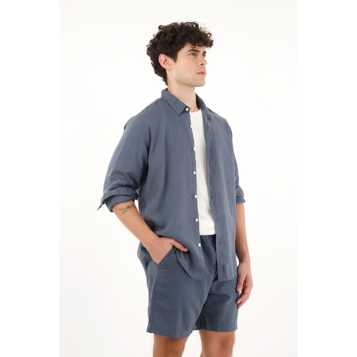 TENNIS - Camisa azul manga larga 100% lino para hombre