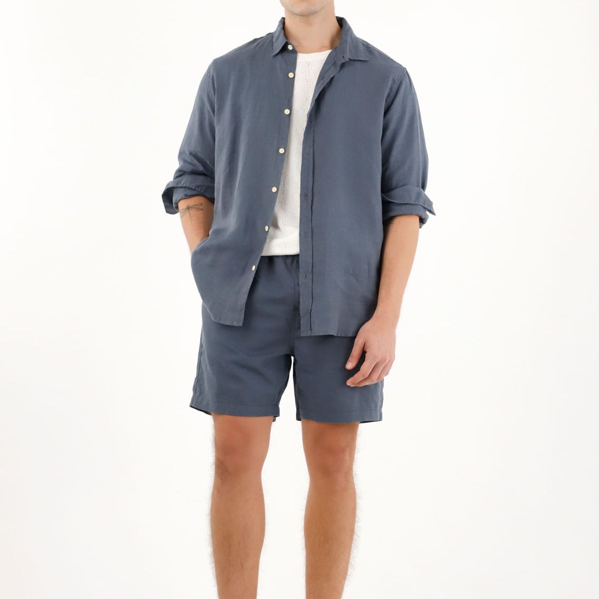 TENNIS - Camisa azul manga larga 100% lino para hombre