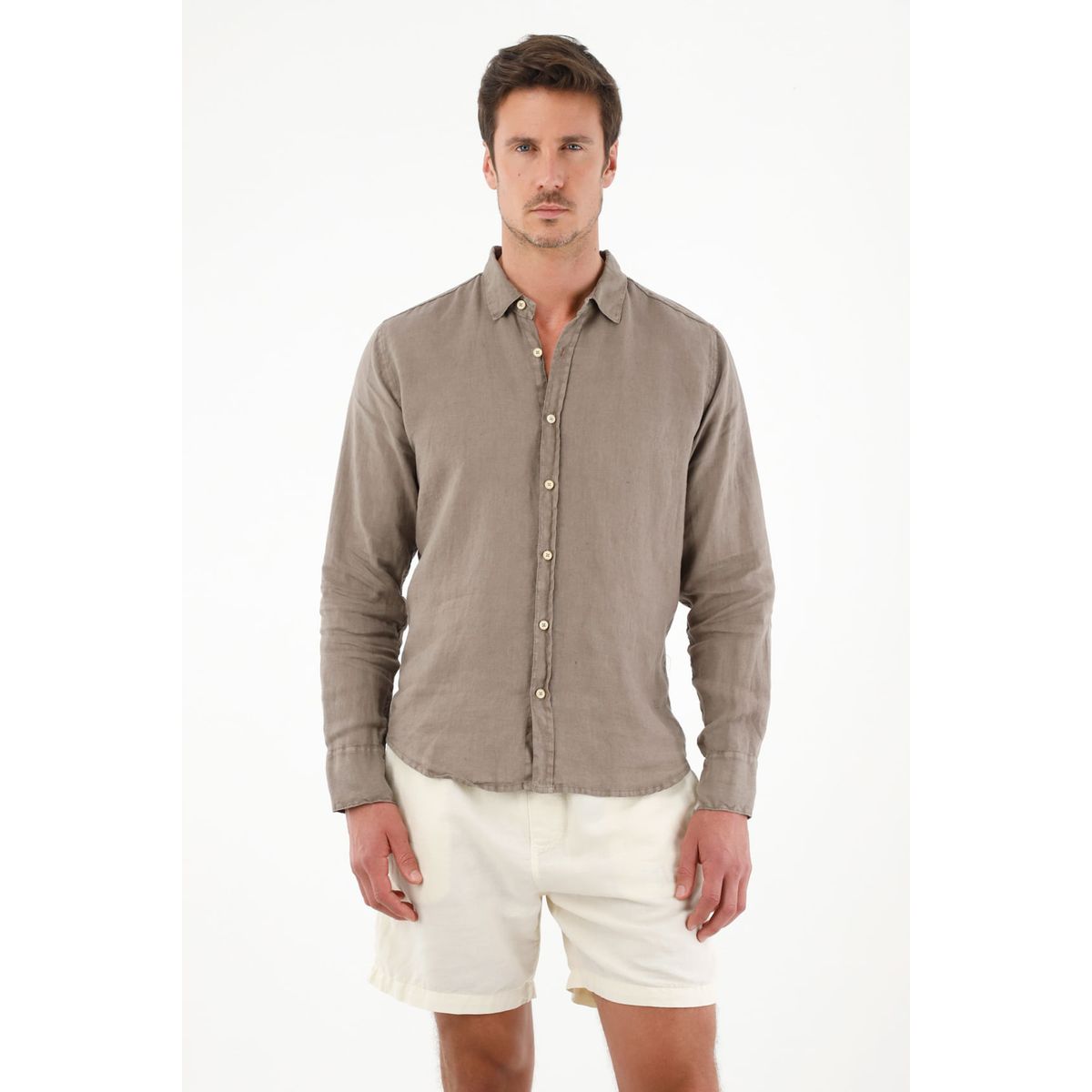 TENNIS - Camisa café 100% lino para hombre