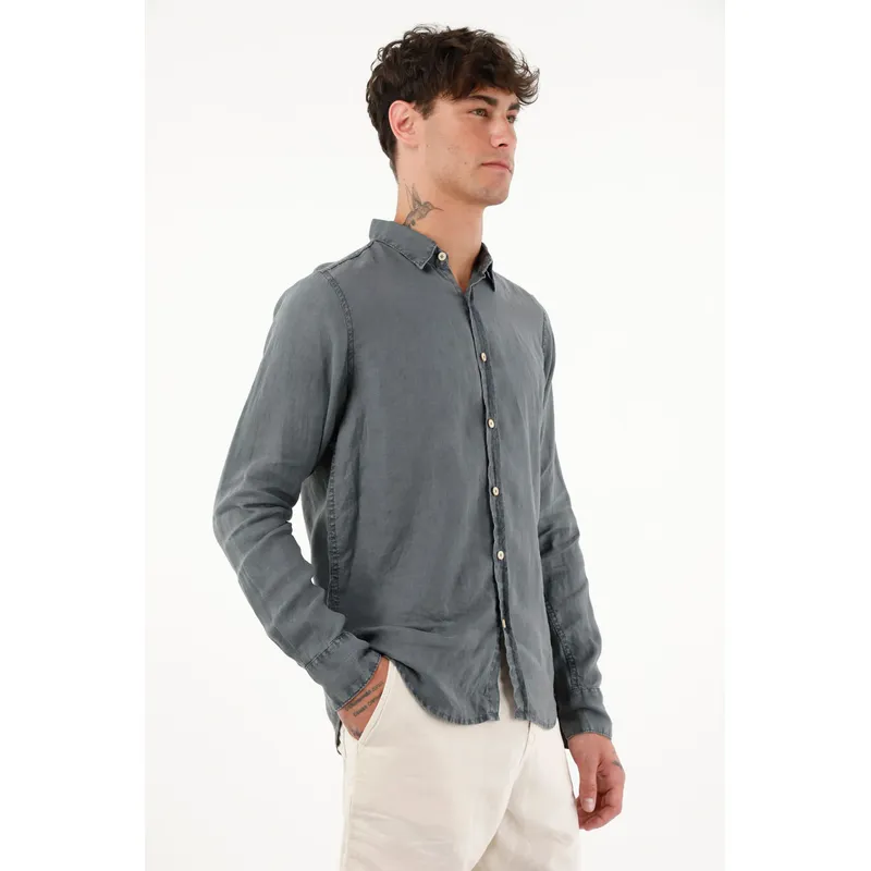 TENNIS - Camisa azul de 100% lino para hombre