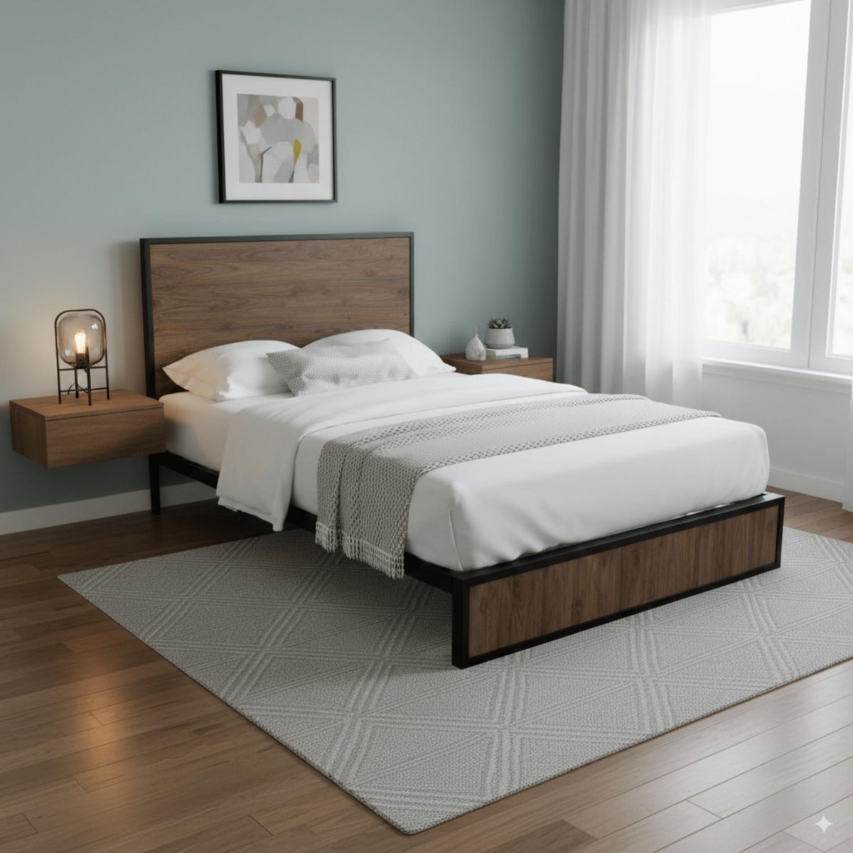 GENERICO - Cama Doble Metal Madera Agata Cafe Oscuro 140 x 190 x 24