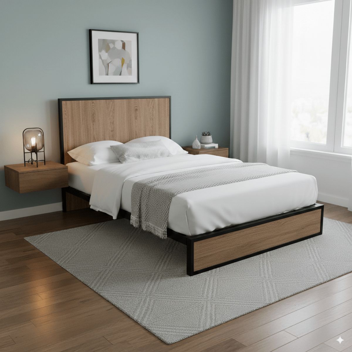GENERICO - Cama Doble Metal Madera Agata Cafe 140 x 190 x 24