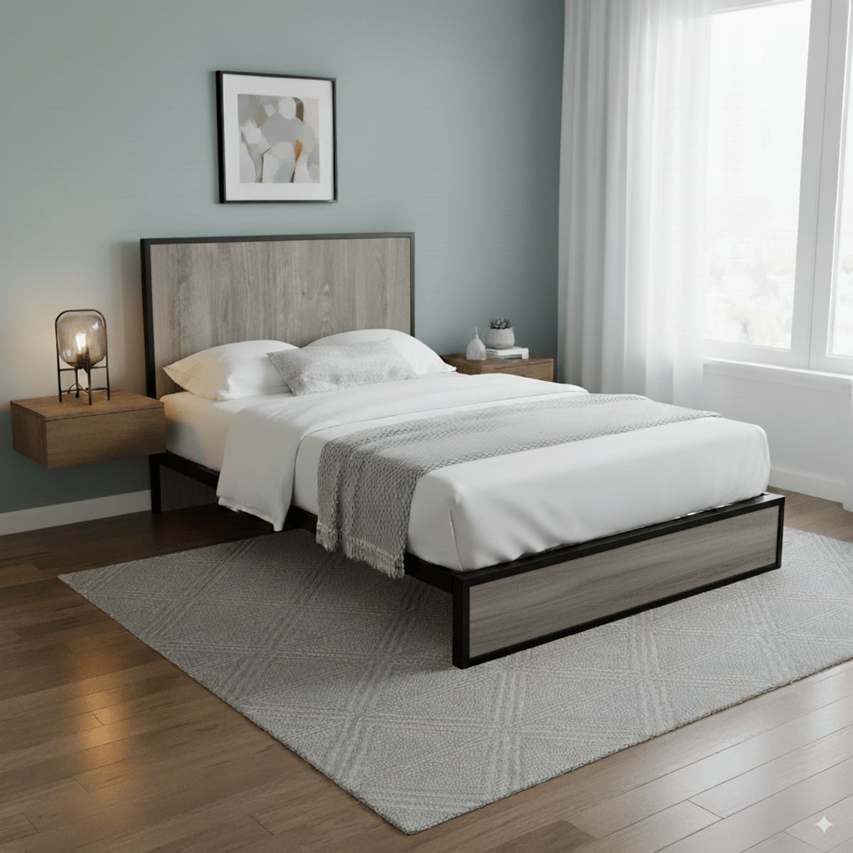 GENERICO - Cama Sencilla Metal Madera Agata Gris Oscuro 100 x 190 x 24