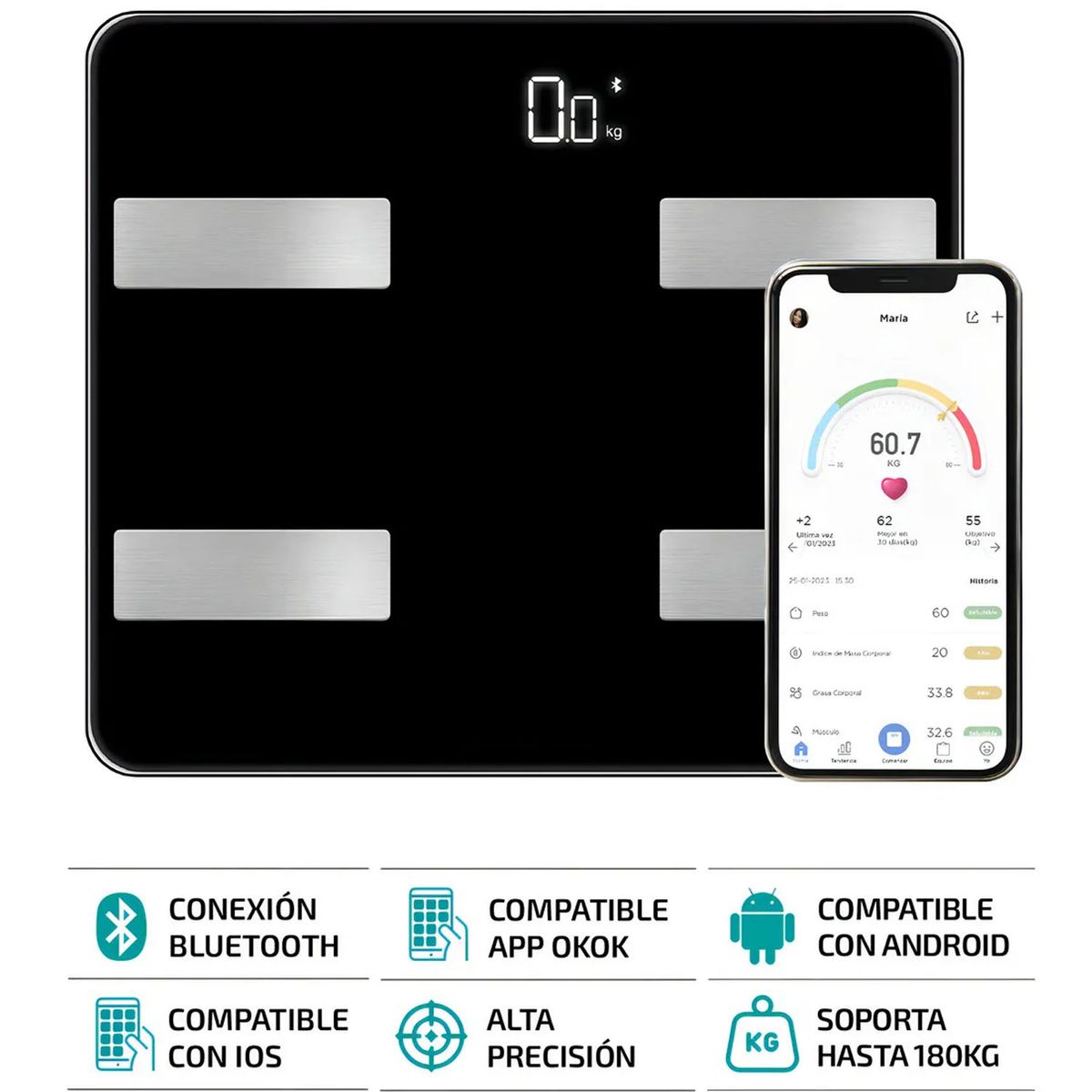 ONE PIXEL - Bascula Digital Baño Personal Bluetooth Recargable APP