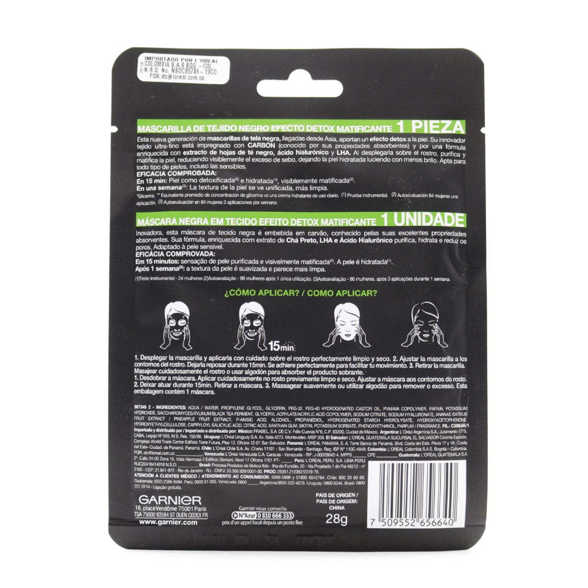 GARNIER - Mascarilla Facial En Tela Garnier Skinactive Pure Carbón 28g