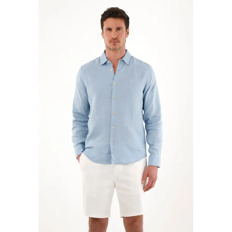 TENNIS - Camisa en 100% lino de manga larga azul para hombre