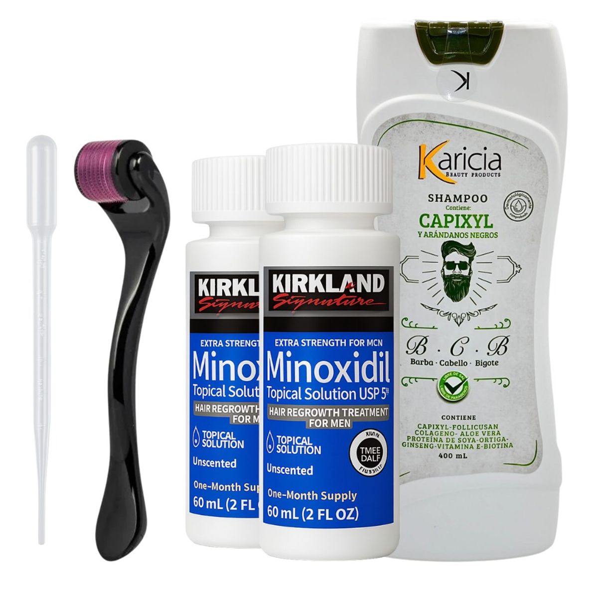 SIGNATURE - Minoxidil Topical Kirkland X2 frascos + Shampoo Karicia+Dermaroller