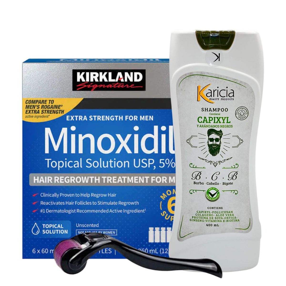 SIGNATURE - Minoxidil Topical Kirkland X6 frascos + Shampoo Karicia+Dermaroller