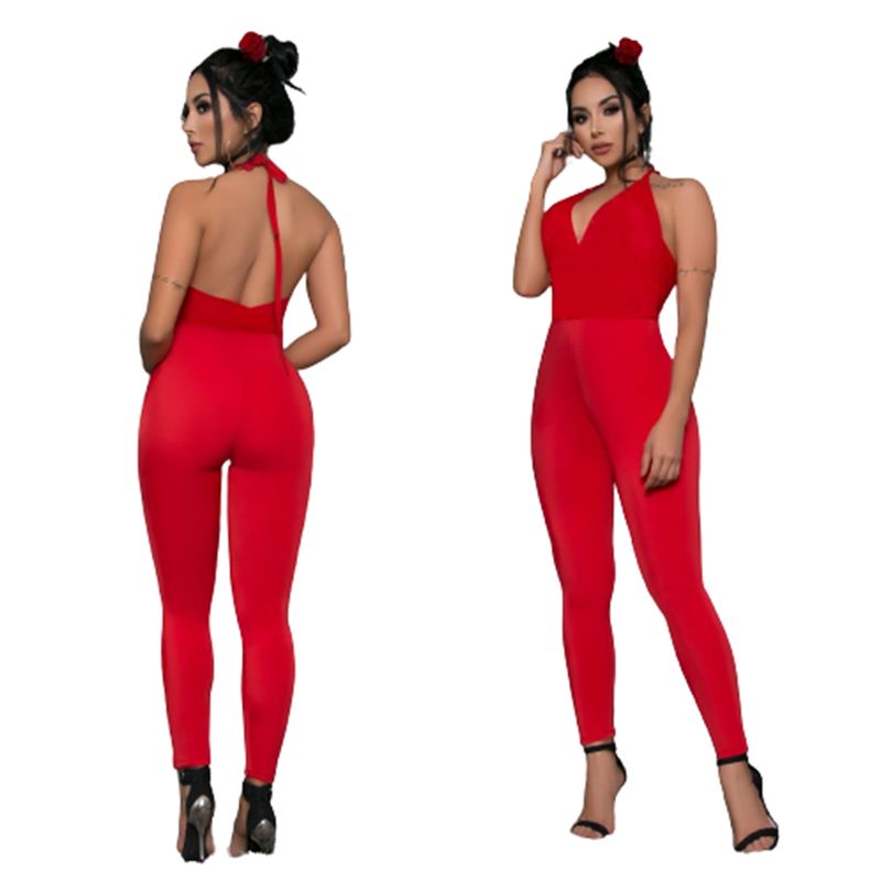 VIA7 - Enterizo largo rojo pegado busto V espalda recta