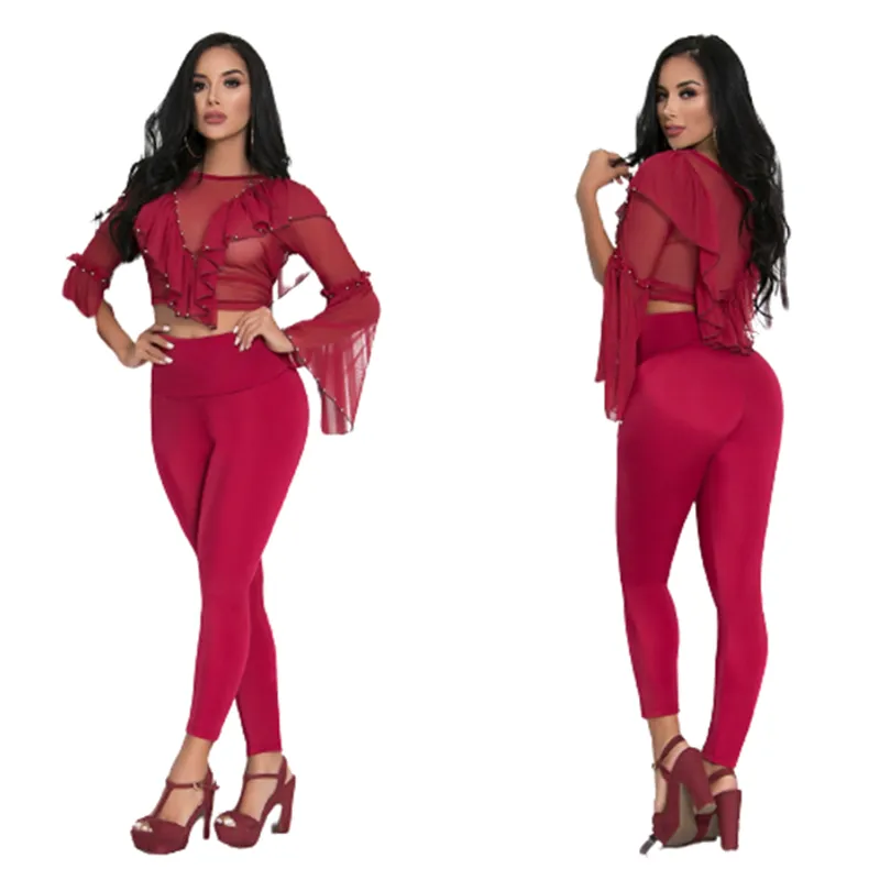 VIA7 - Conjunto de blusa transparente manga larga y leggins pegado