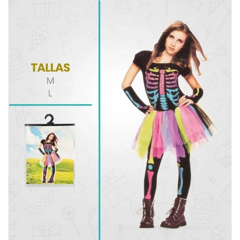 GENERICO - Disfraz Vestido Esqueleto Traje De Niña Halloween Talla L
