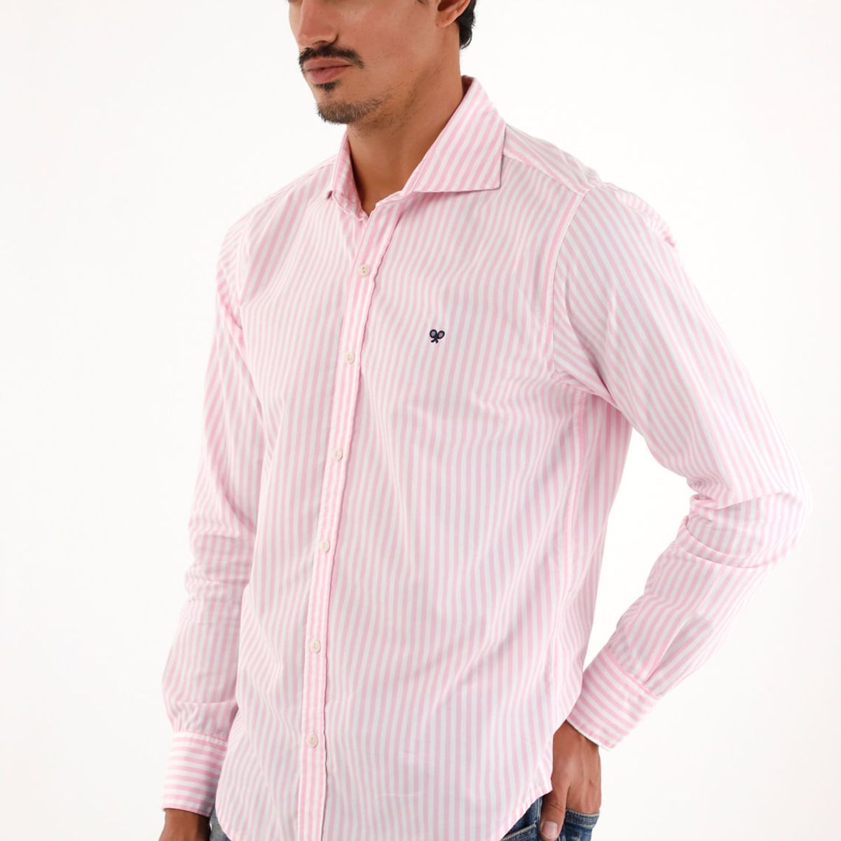 TENNIS - Camisa rosada manga larga con diseño a rayas para hombre