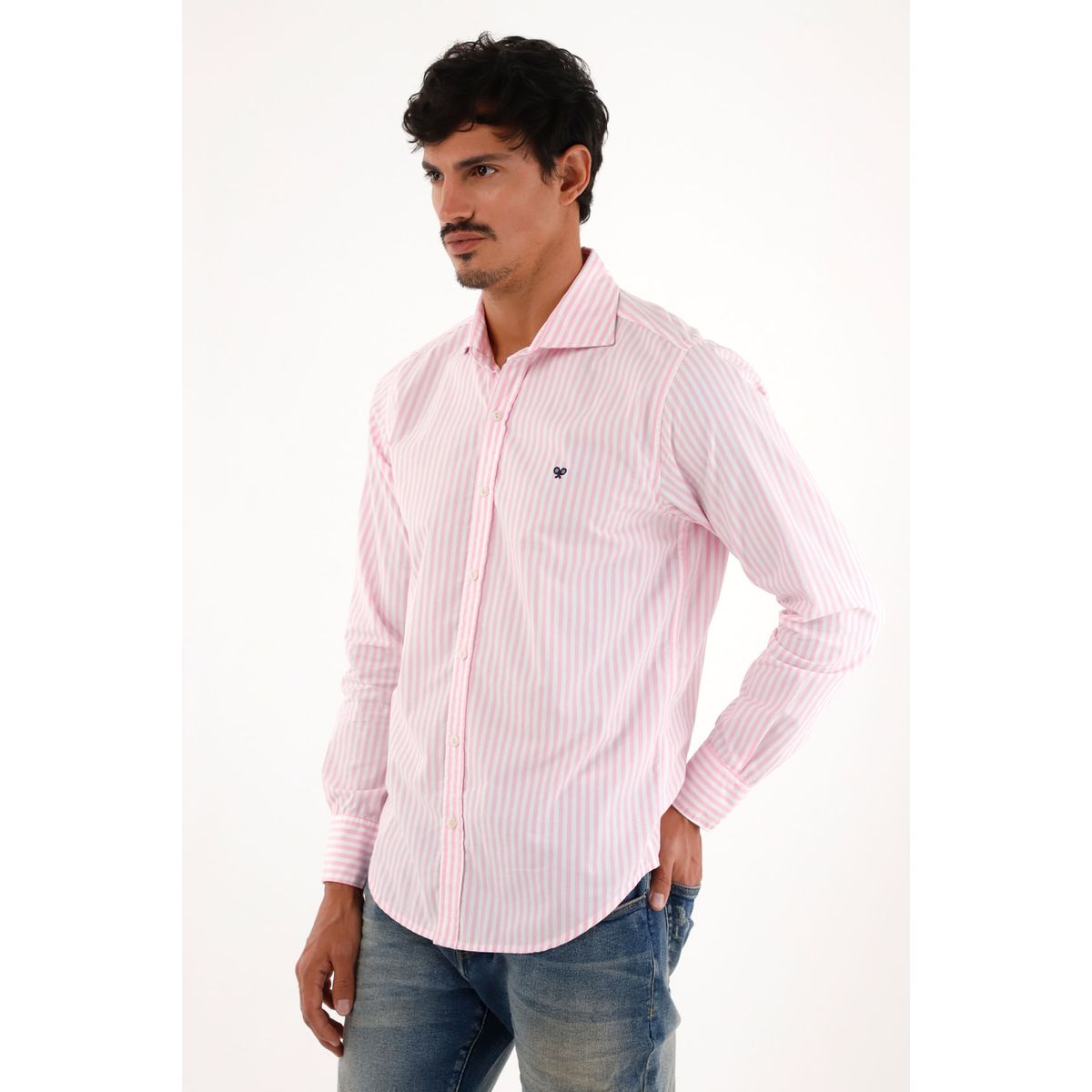 TENNIS - Camisa rosada manga larga con diseño a rayas para hombre