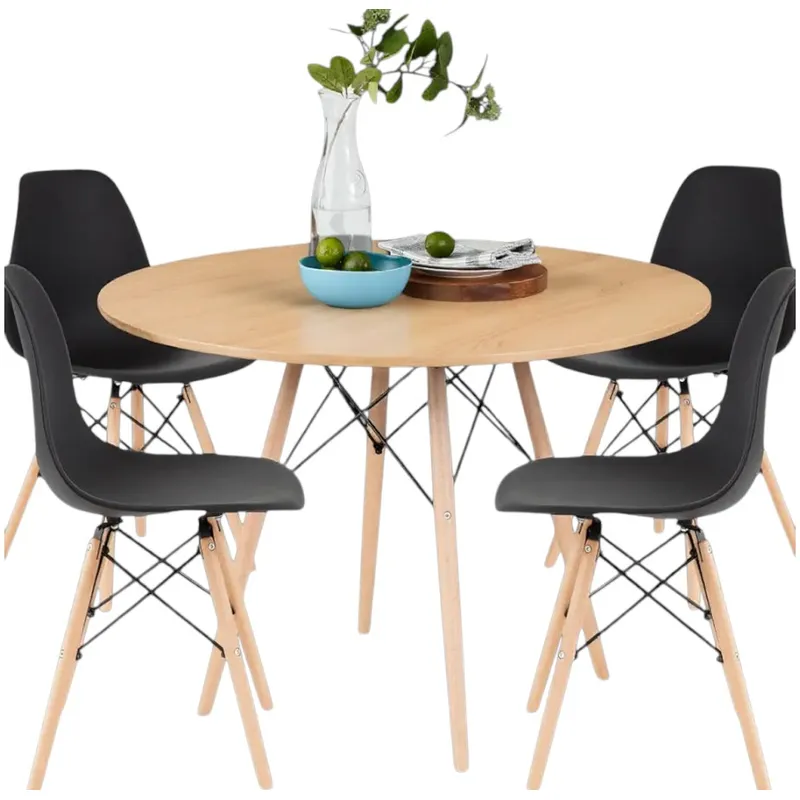 GENERICO - Comedor Redondo Color Madera + 4 Sillas Color Negro