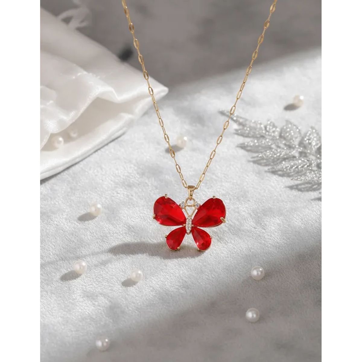 GENERICO - Collar Cadena Con Dije Mariposa Piedra Roja Con Circon En Acero Inox