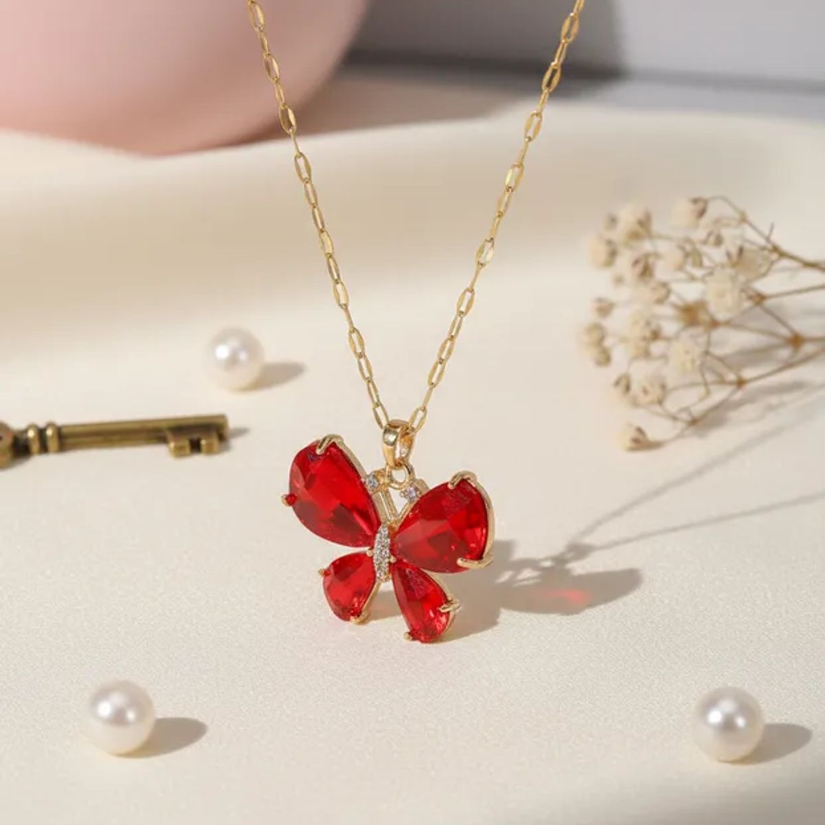 GENERICO - Collar Cadena Con Dije Mariposa Piedra Roja Con Circon En Acero Inox