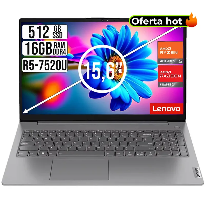 LENOVO - PORTATIL LENOVO V15 AMD RYZEN 5 7520U SSD 512GB RAM 16GB 15,6" FHD