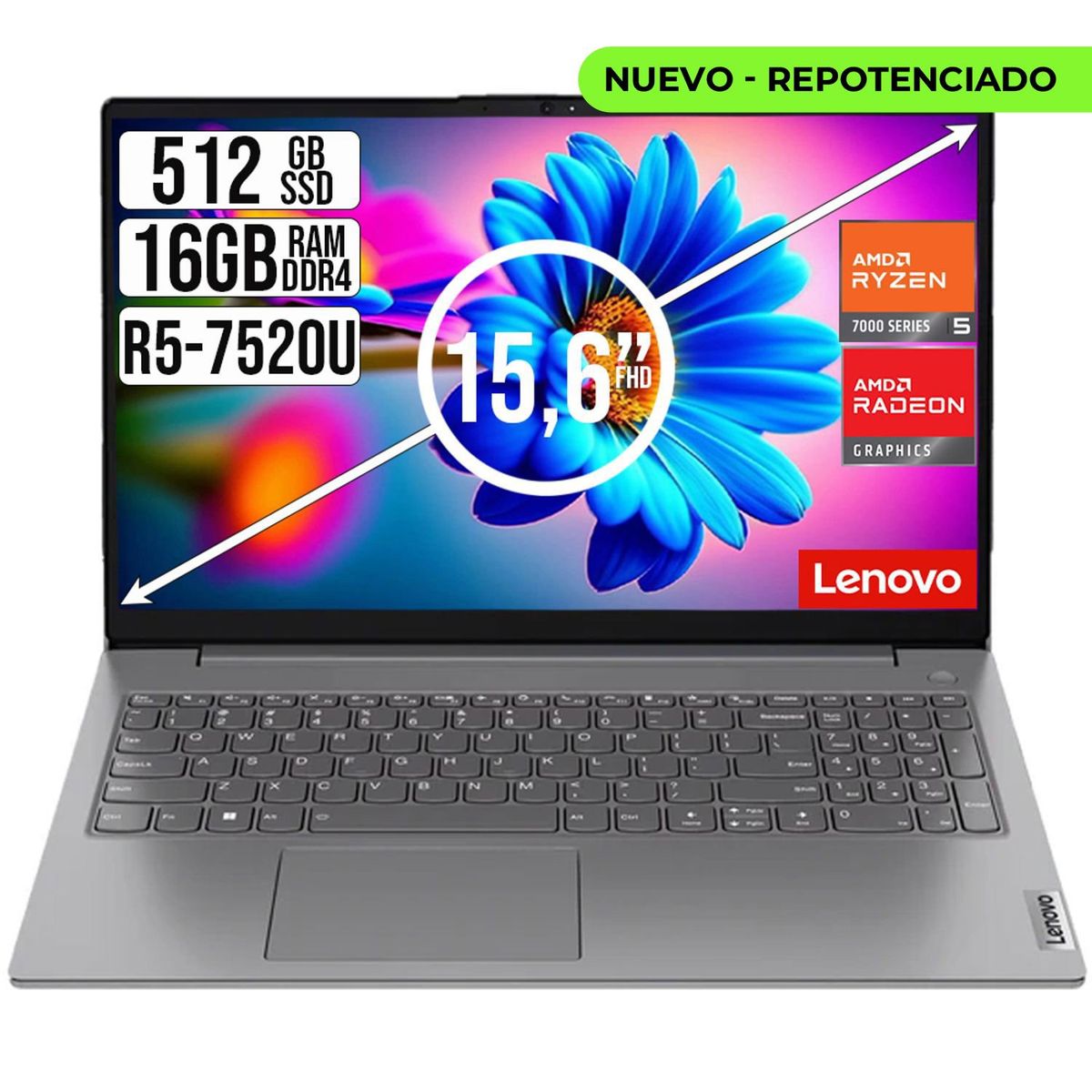 LENOVO - PORTATIL LENOVO V15 AMD RYZEN 5 7520U SSD 512GB RAM 16GB 15,6" FHD