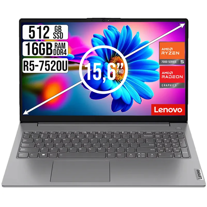 LENOVO - PORTATIL LENOVO V15 AMD RYZEN 5 7520U SSD 512GB RAM 16GB 15,6" FHD