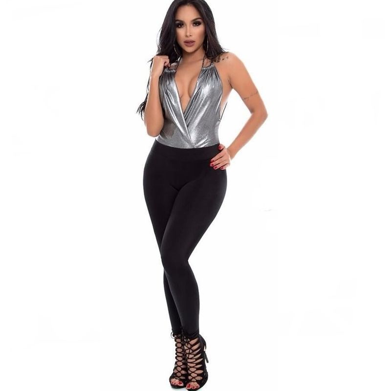 VIA7 - Enterizo licrado con efecto metalico en la parte superior moda