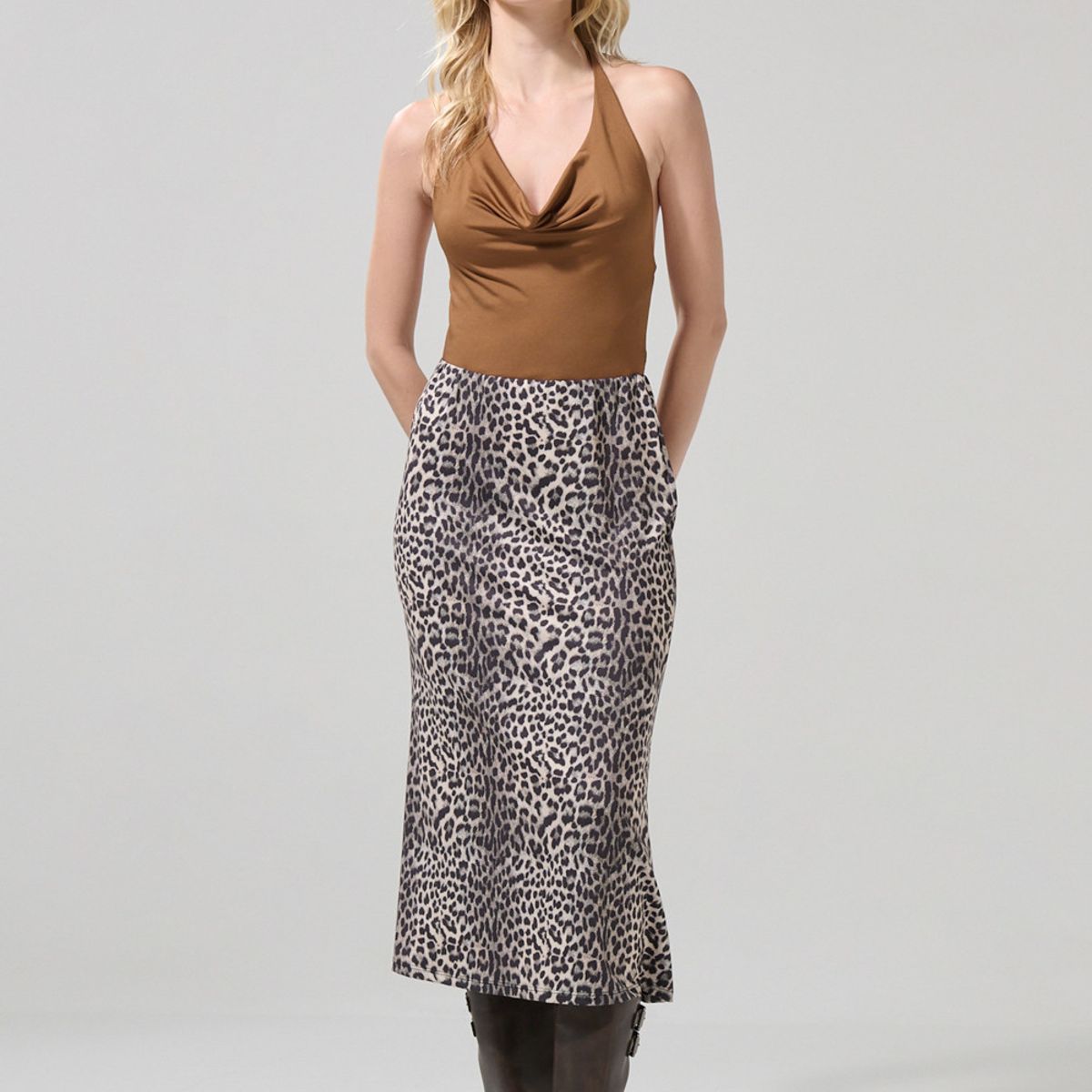 KOAJ - KOAJ Falda café oscura larga con diseños animal print y tiro