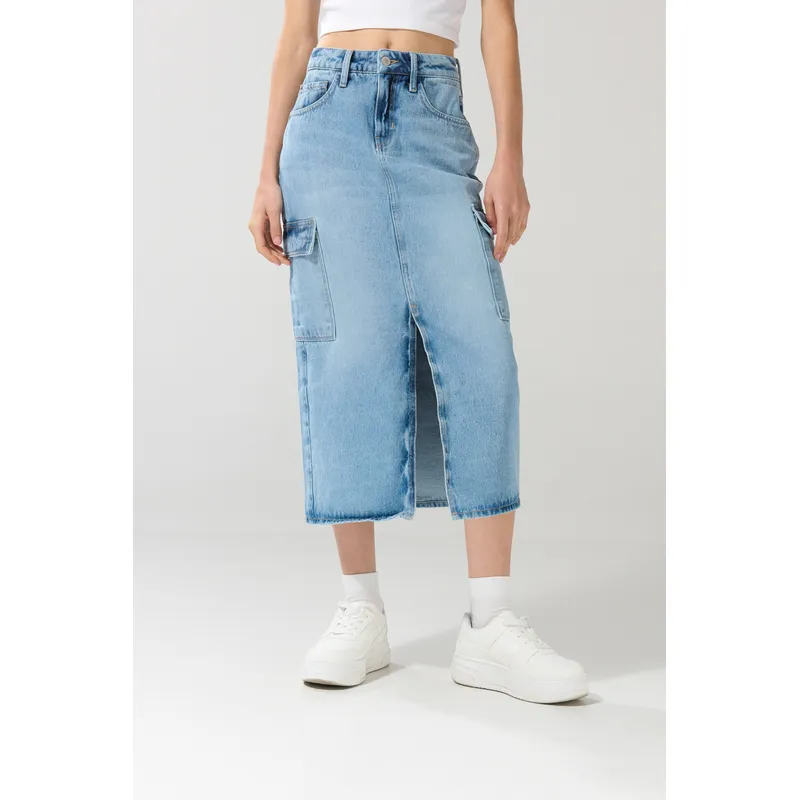 KOAJ - KOAJ Falda larga en jean cargo azul con abertura y tiro alto