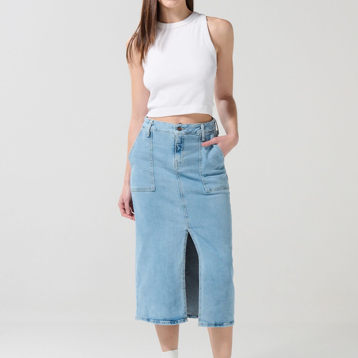 KOAJ - KOAJ Falda tiro alto en jean azul larga con abertura en fren Mujer