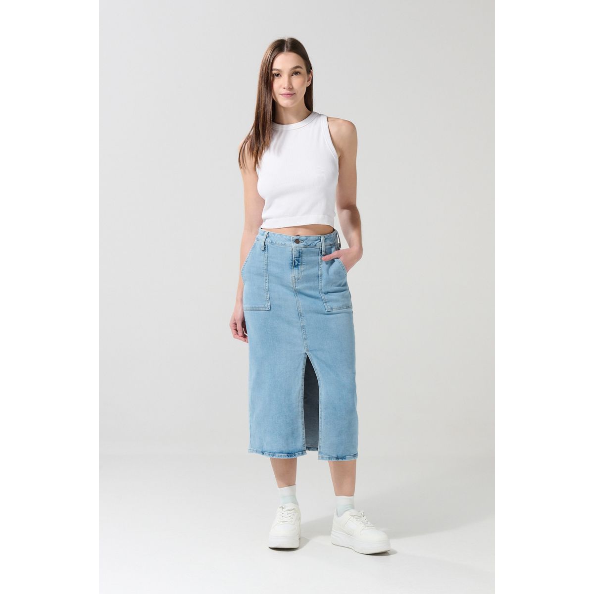 KOAJ - KOAJ Falda tiro alto en jean azul larga con abertura en fren Mujer
