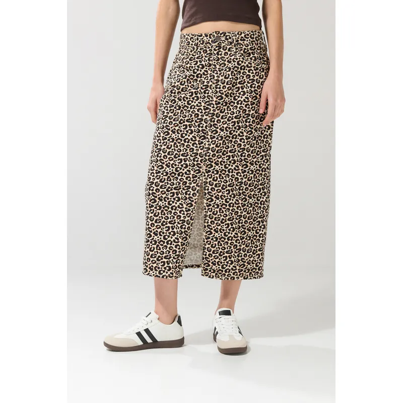 KOAJ - KOAJ Falda en jean tiro alto kaki larga con diseño animal pr Mujer