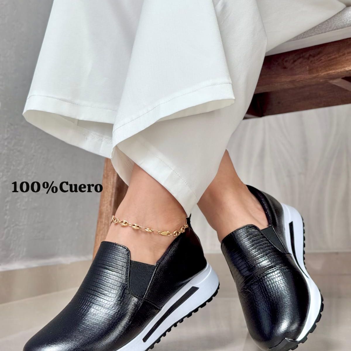 EVEGONZ - Zapato Casual Negro Cómodo de Mujer En Cuero