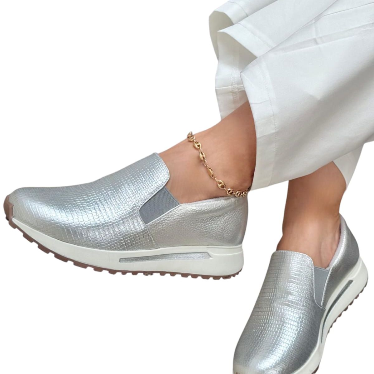 EVEGONZ - Zapato Casual Plateado Cómodo de Mujer En Cuero