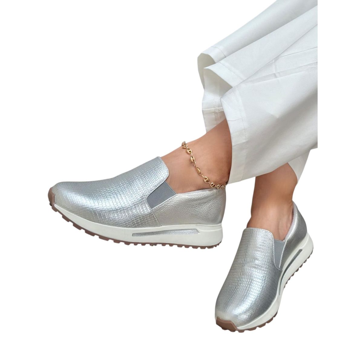 EVEGONZ - Zapato Casual Plateado Cómodo de Mujer En Cuero